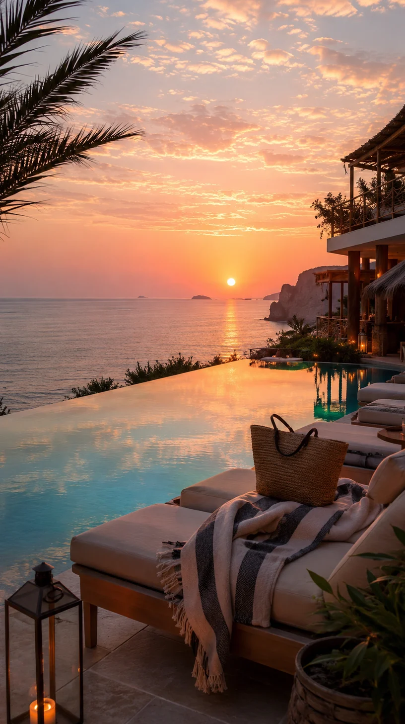 Terraza de hotel boutique con piscina infinita al atardecer