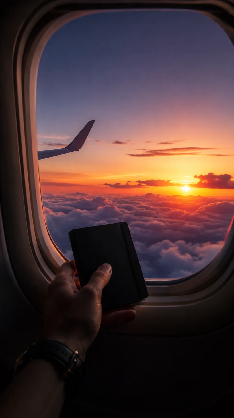 Vista desde la ventana de un avión sobre nubes al atardecer
