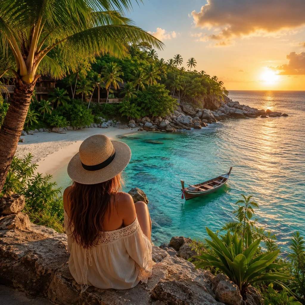 Cala tropical con agua turquesa, palmeras y luz dorada