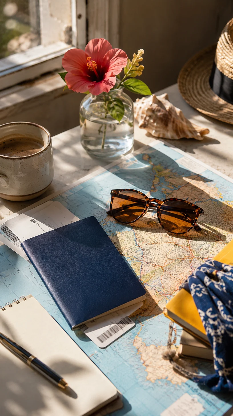 Mesa de planificación de viaje con mapa, pasaporte, gafas y café